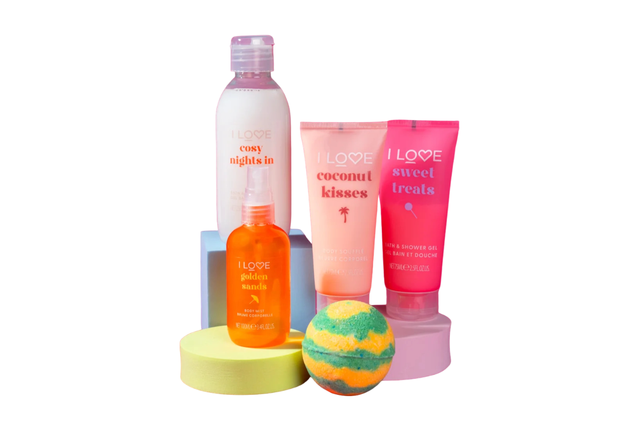 all of you set i love: coconut kisses, hydrating, body lotion, 75 ml + pina colada , bath bomb, 120 g + golden sands, refreshing, body spray, 100 ml + sweet treats, hydrating, shower gel, for all skin types, 75 ml + cosy night's, hydrating, shower gel, for all skin types, 250 ml all of you set i love: coconut kisses, hydrating, body lotion, 75 ml + pina colada , bath bomb, 120 g + golden sands, refreshing, body spray, 100 ml + sweet treats, hydrating, shower gel, for all skin types, 75 ml + cosy night's, hydrating, shower gel, for all skin types, 250 ml