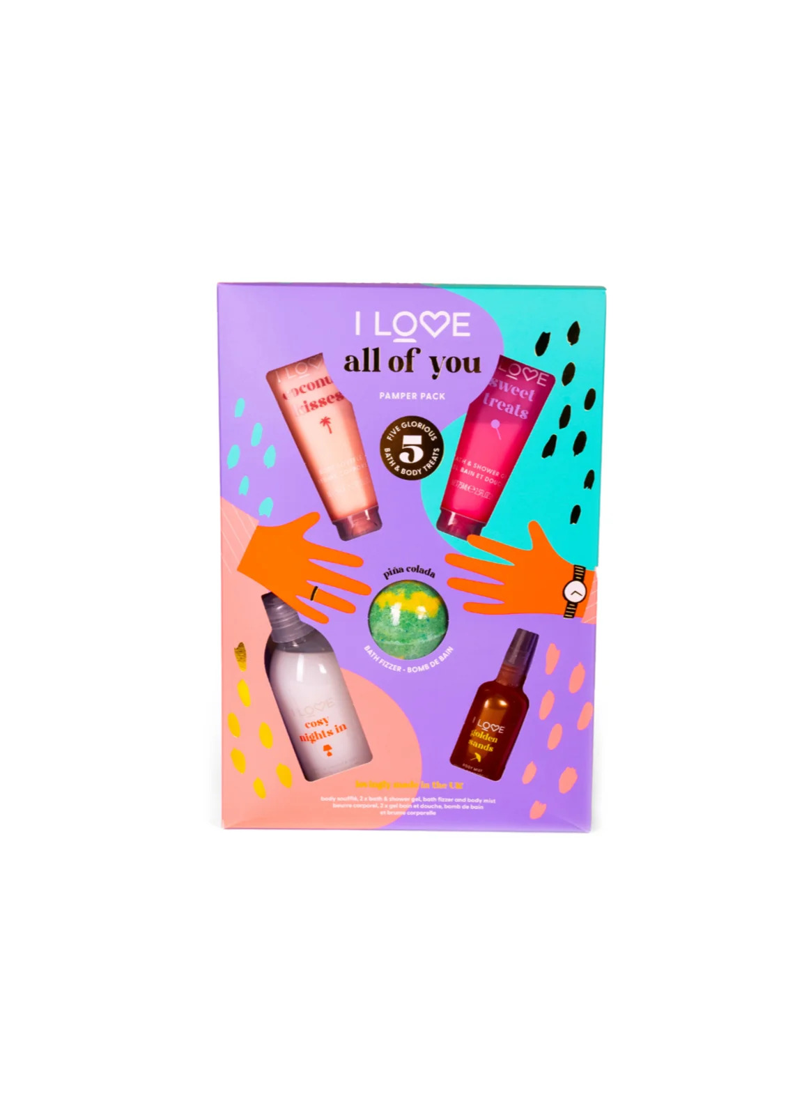 all of you set i love: coconut kisses, hydrating, body lotion, 75 ml + pina colada , bath bomb, 120 g + golden sands, refreshing, body spray, 100 ml + sweet treats, hydrating, shower gel, for all skin types, 75 ml + cosy night's, hydrating, shower gel, for all skin types, 250 ml all of you set i love: coconut kisses, hydrating, body lotion, 75 ml + pina colada , bath bomb, 120 g + golden sands, refreshing, body spray, 100 ml + sweet treats, hydrating, shower gel, for all skin types, 75 ml + cosy night's, hydrating, shower gel, for all skin types, 250 ml