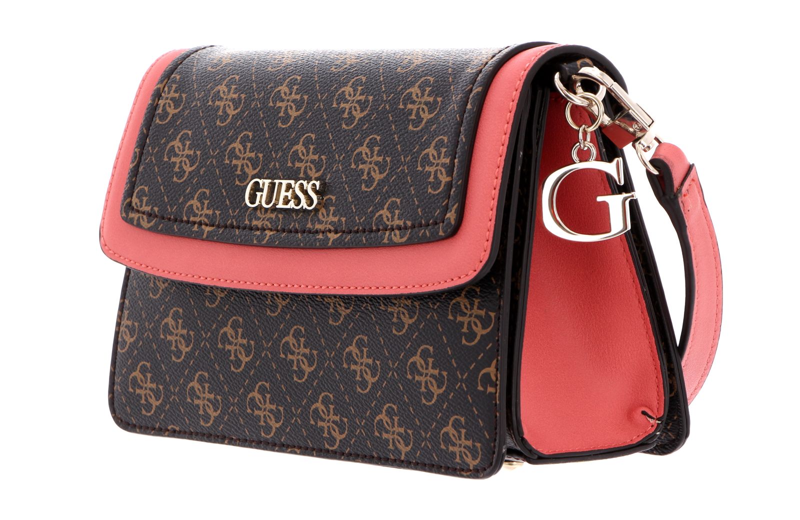 guess, camy, synthetic leather, 4g logo, textile crossbody bag, coral/brown, for women guess, camy, synthetic leather, 4g logo, textile crossbody bag, coral/brown, for women