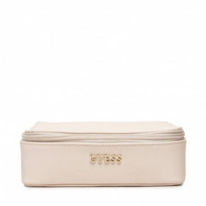 guess, holdall, synthetic leather, textile bag, jewelry case, cream, for women, 18 x 6 x 18cm