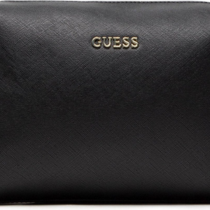 guess, saffiano vanilla, synthetic leather, textile bag, toiletry, black, for women, 23 x 17 x 8 cm