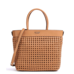 guess, sicilia, synthetic leather, textile handbag, lined compartment, cognac, hwwg8490230, 30 x 30 x 12 cm