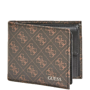 guess, vezzola, textile wallet, billfold, w/sf w/cp, brown logo, for men