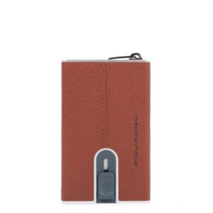 piquadro, black square, leather card holder, square sliding system, brown, unisex