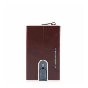piquadro, blue square, leather card holder, square sliding system with zipped coin pocket, pp5359b2r mo, mahogany, for men