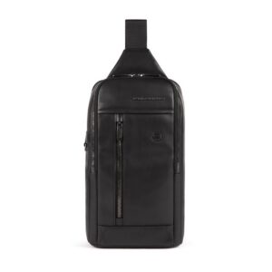 piquadro, monospalla, leather, leather backpack, black, mono sling, for men, 19 x 32 x 8 cm