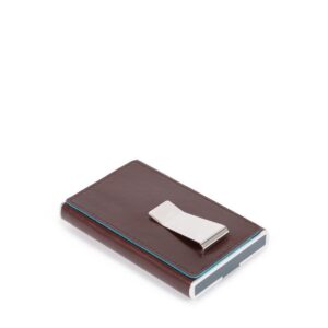 piquadro, blue square, leather card holder, square sliding system with money clip, pp5358b2r, mahogany, for men