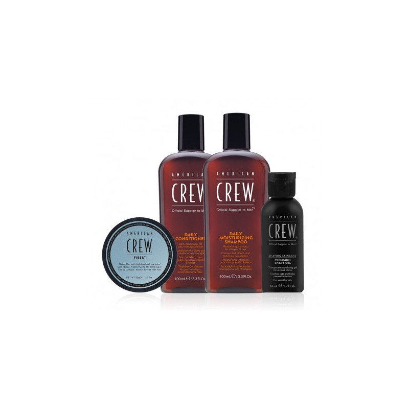 essential set american crew: daily, hair conditioner, for moisturizing, 100 ml + daily, hair shampoo, moisturising, 100 ml + fiber, hair styling pomade, for styling, strong hold, 50 ml + precision, soothing, shaving gel, 50 ml essential set american crew: daily, hair conditioner, for moisturizing, 100 ml + daily, hair shampoo, moisturising, 100 ml + fiber, hair styling pomade, for styling, strong hold, 50 ml + precision, soothing, shaving gel, 50 ml