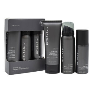 set rituals: homme, charcoal, eliminates impurities, cleansing scrub, for face, 70 g + homme, 24h protection, deodorant spray, for men, 50 ml + homme, cedar wood + vitamin e complex, shower mousse, 50 ml