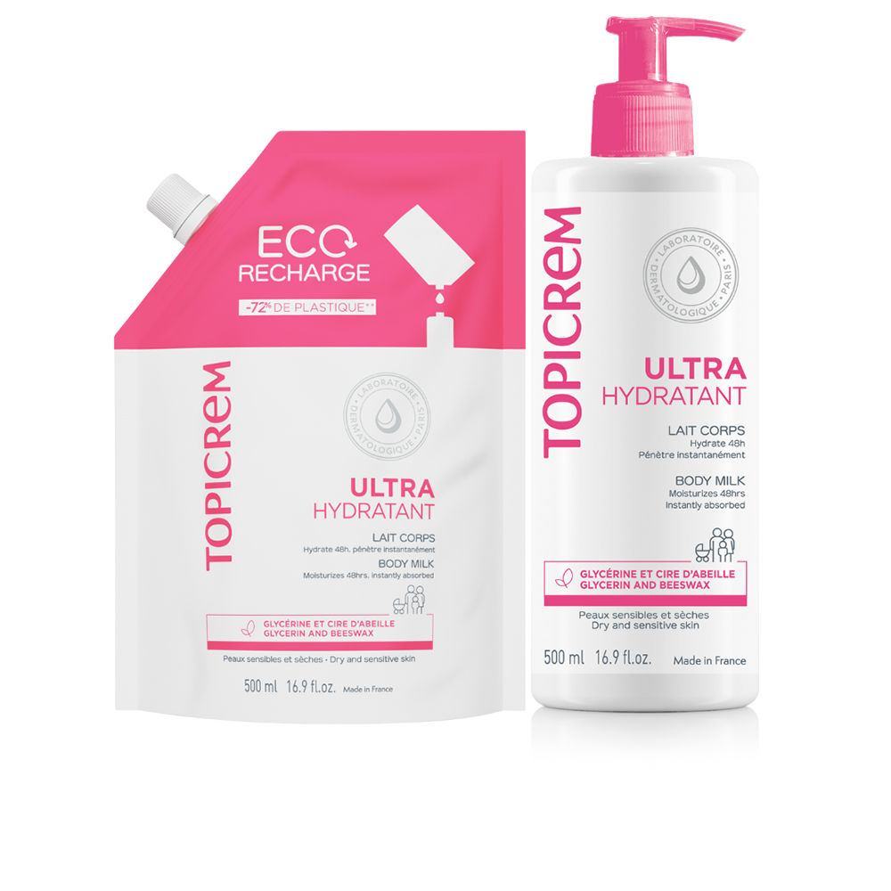 set topicrem: ultra hydratant, body milk, refillable, 500 ml + ultra hydratant, body milk, refill, 500 ml set topicrem: ultra hydratant, body milk, refillable, 500 ml + ultra hydratant, body milk, refill, 500 ml