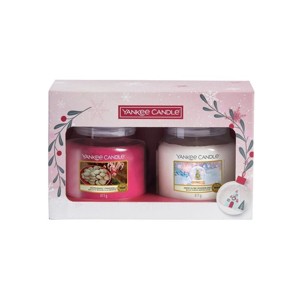 set yankee candle: snow globe wonderland, peppermint, scented candle, 411 g + peppermint pinwheels, peppermint, scented candle, 411 g set yankee candle: snow globe wonderland, peppermint, scented candle, 411 g + peppermint pinwheels, peppermint, scented candle, 411 g