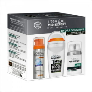 travel set l'oreal paris: men expert, alcohol free, hydrating & regenerating, day & night, cream, for face, 50 ml + men expert, alcohol free, anti sweat, deodorant roll on, for men, 50 ml + men expert, glycerin, against irritation, shaving foam, 50 ml
