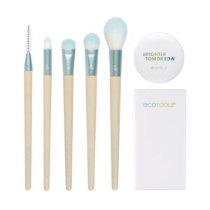 brighter tomorrow set ecotools: ecotools, pointed, concealer brush + ecotools, large, eyeshadow brush + ecotools, diffuse, eyeshadow brush + ecotools, precision, highlighter brush + ecotools, spoolie, eyebrow brush + compact mirror, single sided + ecotools, brush cannister