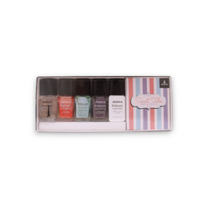 sweet talk set jessica: phenom vivid colour, nail polish, phen 079, u had me at hello, 14 ml + phenom vivid colour, nail polish, phen 080, smooth talker, 14 ml + phenom vivid colour, top coat, nail polish, phen 000, finale shine, 15 ml + phenom vivid colour, nail polish, phen 081, tell me more, 14 ml + phenom vivid colour, base coat, nail polish, finale shine, 15 ml