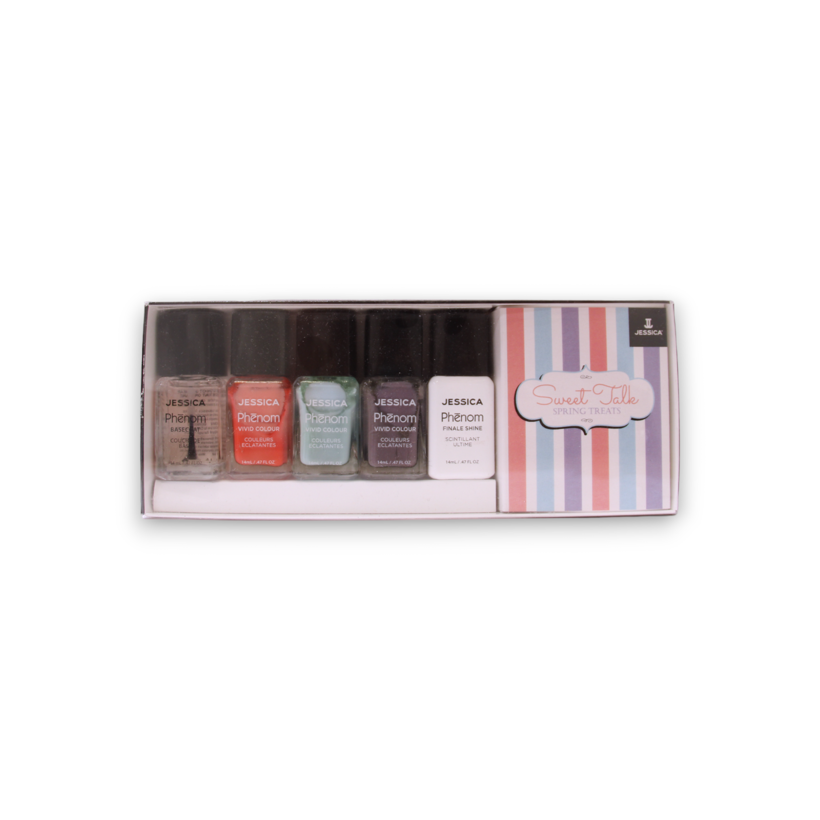 sweet talk set jessica: phenom vivid colour, nail polish, phen 079, u had me at hello, 14 ml + phenom vivid colour, nail polish, phen 080, smooth talker, 14 ml + phenom vivid colour, top coat, nail polish, phen 000, finale shine, 15 ml + phenom vivid colour, nail polish, phen 081, tell me more, 14 ml + phenom vivid colour, base coat, nail polish, finale shine, 15 ml sweet talk set jessica: phenom vivid colour, nail polish, phen 079, u had me at hello, 14 ml + phenom vivid colour, nail polish, phen 080, smooth talker, 14 ml + phenom vivid colour, top coat, nail polish, phen 000, finale shine, 15 ml + phenom vivid colour, nail polish, phen 081, tell me more, 14 ml + phenom vivid colour, base coat, nail polish, finale shine, 15 ml