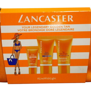 gift set lancaster: sun beauty, sun protection, body milk, spf 30, for face & body, before sun exposure, 15 ml *sample + sun sensitive, sun protection, sunscreen cream, for face & body, spf 50+, 3 ml *sample + lancaster, trousse de toilette, gwp textile pouch