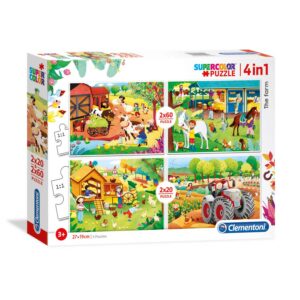 clementoni, supercolor 4 in 1, the farm, puzzle, unisex, 3+ years, 2 x 20 + 2 x 60 pcs