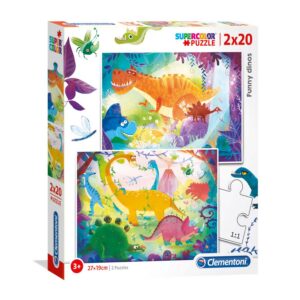 set duo, clementoni, supercolor, funny dinos, puzzle, unisex, 3+ years, 2 x 20 pcs