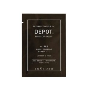depot, 500 beard & mustache specifics no. 505, beard oil, leather & wood, vitamin e, for shine & softness, 5 ml