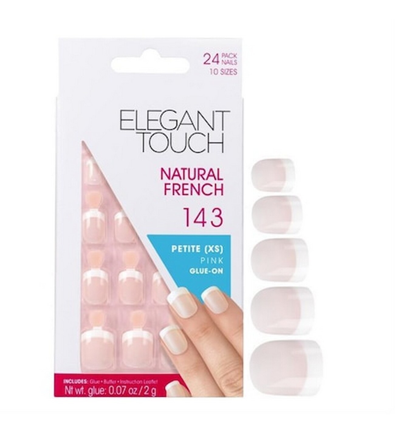 set, elegant touch, natural french, square, artificial nails, pink, 143, petite (xs), 24 pcs set, elegant touch, natural french, square, artificial nails, pink, 143, petite (xs), 24 pcs