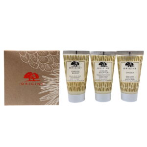 gift set origins: origins, body wash, 30 ml + ginger, nourishing, hand lotion, 30 ml + ginger souffle, nourishing, body cream, 30 ml