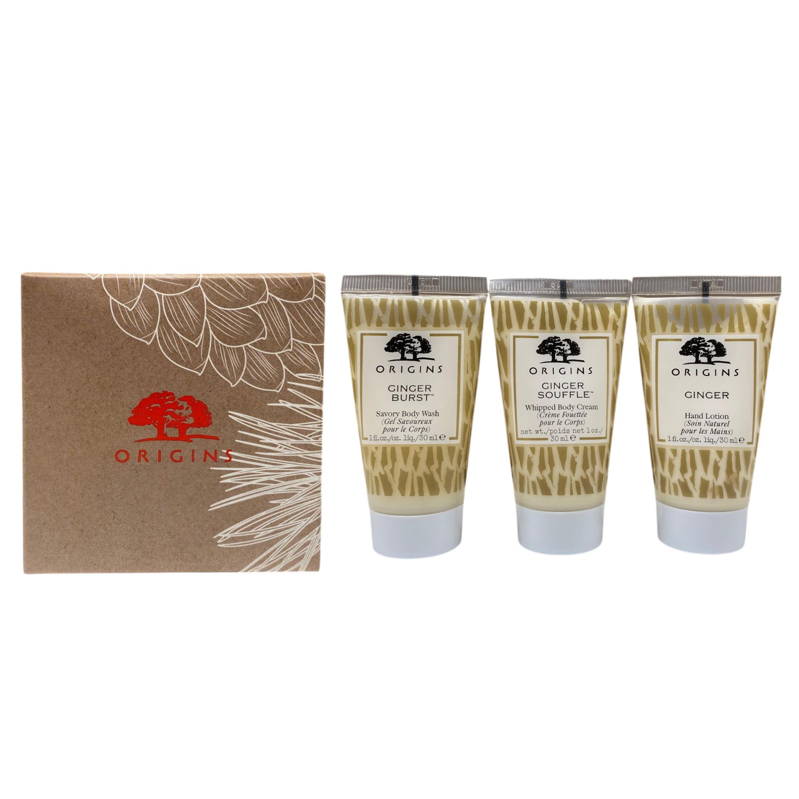 gift set origins: origins, body wash, 30 ml + ginger, nourishing, hand lotion, 30 ml + ginger souffle, nourishing, body cream, 30 ml gift set origins: origins, body wash, 30 ml + ginger, nourishing, hand lotion, 30 ml + ginger souffle, nourishing, body cream, 30 ml