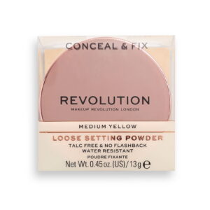 makeup revolution, conceal & fix, vegan, loose setting powder, medium yellow, 13 g