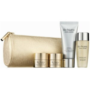 re nutriv deluxe set estee lauder: re nutriv, hydrating, cleansing cream, 30 ml + re nutriv ultimate lift regenerating youth, strengthens/lifted & radiant, morning & night, cream, for face, 7 ml + re nutriv ultimate lift regenerating youth, brighter & lifted, morning & night, eye cream, 7 ml + re nutriv, alcohol free, softening, morning & night, lotion, for face, 30 ml