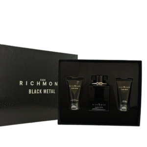 set john richmond: black metal, natural, cleansing, shower gel, 50 ml + black metal, body lotion, 50 ml + black metal, eau de parfum, for men, 100 ml