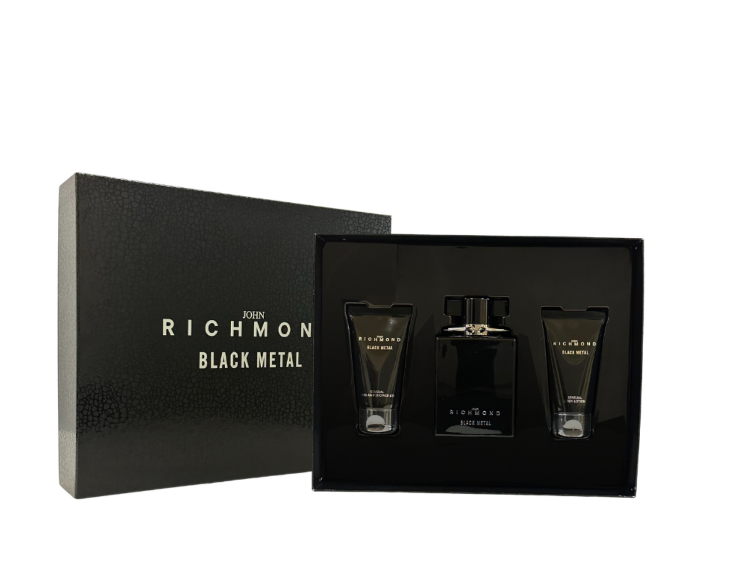 set john richmond: black metal, natural, cleansing, shower gel, 50 ml + black metal, body lotion, 50 ml + black metal, eau de parfum, for men, 100 ml set john richmond: black metal, natural, cleansing, shower gel, 50 ml + black metal, body lotion, 50 ml + black metal, eau de parfum, for men, 100 ml