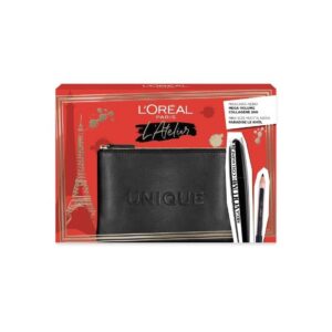 set l'oreal paris: l'oreal paris, kajal eye pencil, black, 1.5 g + mega volume collagene 24h, waterproof, mascara, mega black, 9 ml + textile makeup bag, black