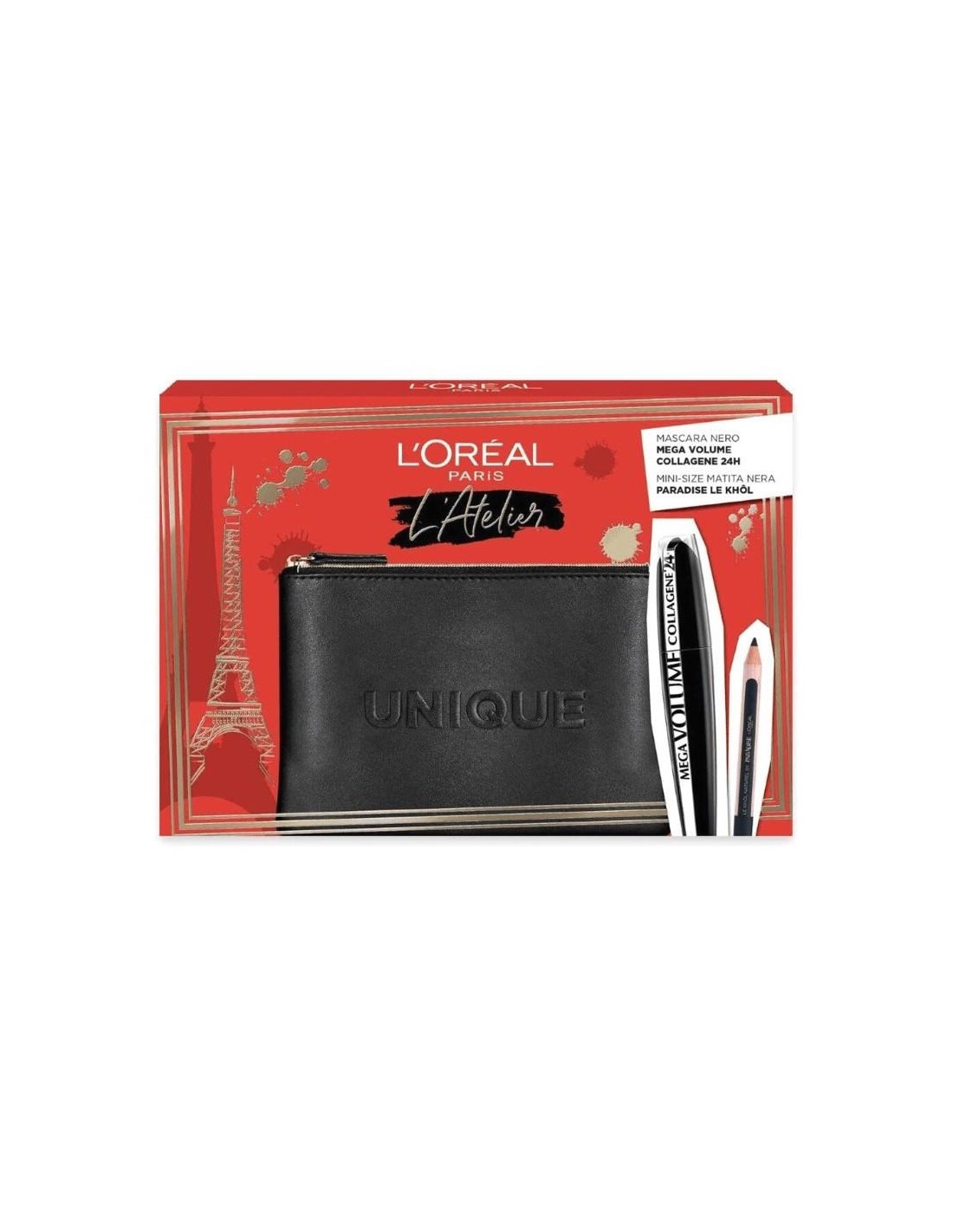 set l'oreal paris: l'oreal paris, kajal eye pencil, black, 1.5 g + mega volume collagene 24h, waterproof, mascara, mega black, 9 ml + textile makeup bag, black set l'oreal paris: l'oreal paris, kajal eye pencil, black, 1.5 g + mega volume collagene 24h, waterproof, mascara, mega black, 9 ml + textile makeup bag, black