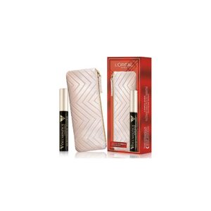 set l'oreal paris: textile makeup bag, cream + voluminous x5, volumizing, mascara, extra black, 7.5 ml