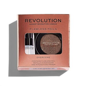set makeup revolution: flawless foils, vegan, eyeshadow primer, 2 ml + flawless foils, vegan, eyeshadow palette, overcome, 2 g