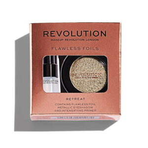 set makeup revolution: flawless foils, vegan, eyeshadow primer, 2 ml + flawless foils, vegan, eyeshadow palette, retreat, 2 g