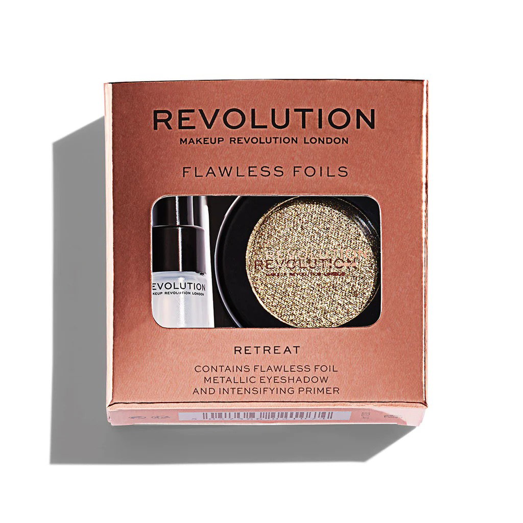 set makeup revolution: flawless foils, vegan, eyeshadow primer, 2 ml + flawless foils, vegan, eyeshadow palette, retreat, 2 g set makeup revolution: flawless foils, vegan, eyeshadow primer, 2 ml + flawless foils, vegan, eyeshadow palette, retreat, 2 g