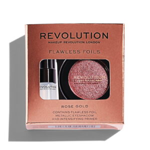 set makeup revolution: flawless foils, vegan, eyeshadow primer, 2 ml + flawless foils, vegan, eyeshadow palette, rose gold, 2 g