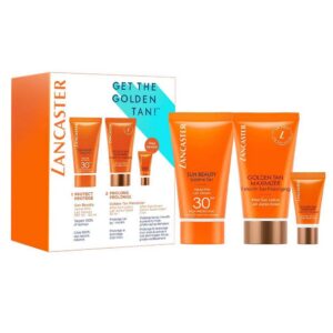get the golden tan! set lancaster: golden tan maximizer, buriti oil, anti wrinkle, after sun serum, 3 ml + golden tan maximizer, hydrating & soothing, after sun lotion, 15 ml + sun beauty, uv protection, sunscreen lotion, spf 30, 15 ml