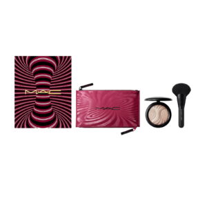 trick of the light extra dimension skinfinish kit set mac: textile makeup bag, burgundy + mac, multi face brush, 143s + extra dimension skinfinish, highlighter powder, magnetic attraction, 9 g