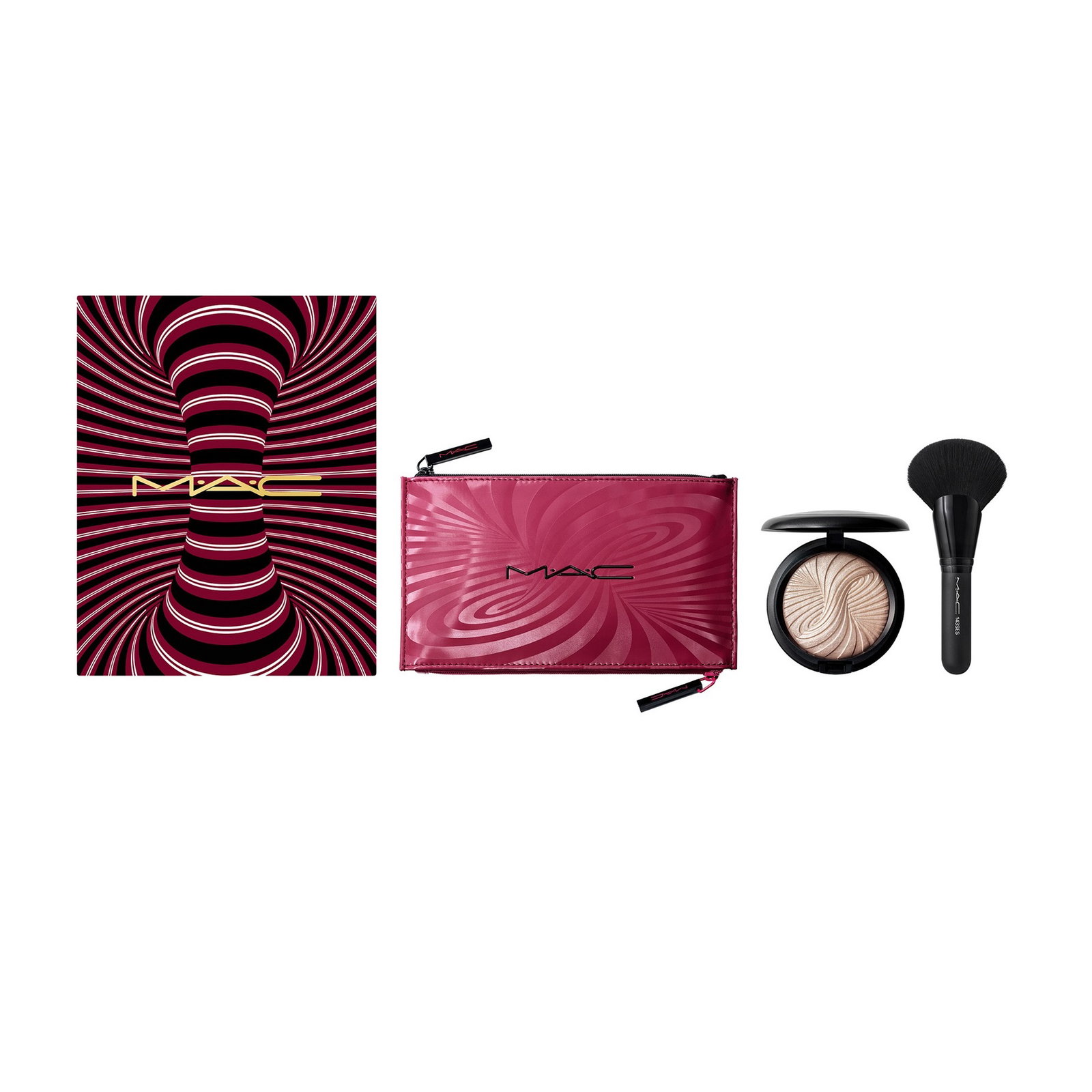 trick of the light extra dimension skinfinish kit set mac: textile makeup bag, burgundy + mac, multi face brush, 143s + extra dimension skinfinish, highlighter powder, magnetic attraction, 9 g trick of the light extra dimension skinfinish kit set mac: textile makeup bag, burgundy + mac, multi face brush, 143s + extra dimension skinfinish, highlighter powder, magnetic attraction, 9 g