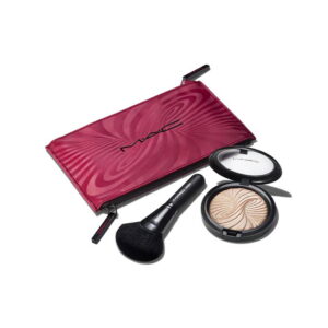 trick of the light extra dimension skinfinish kit set mac: textile makeup bag, burgundy + mac, multi face brush, 143s + extra dimension skinfinish, highlighter powder, magnetic attraction, 9 g